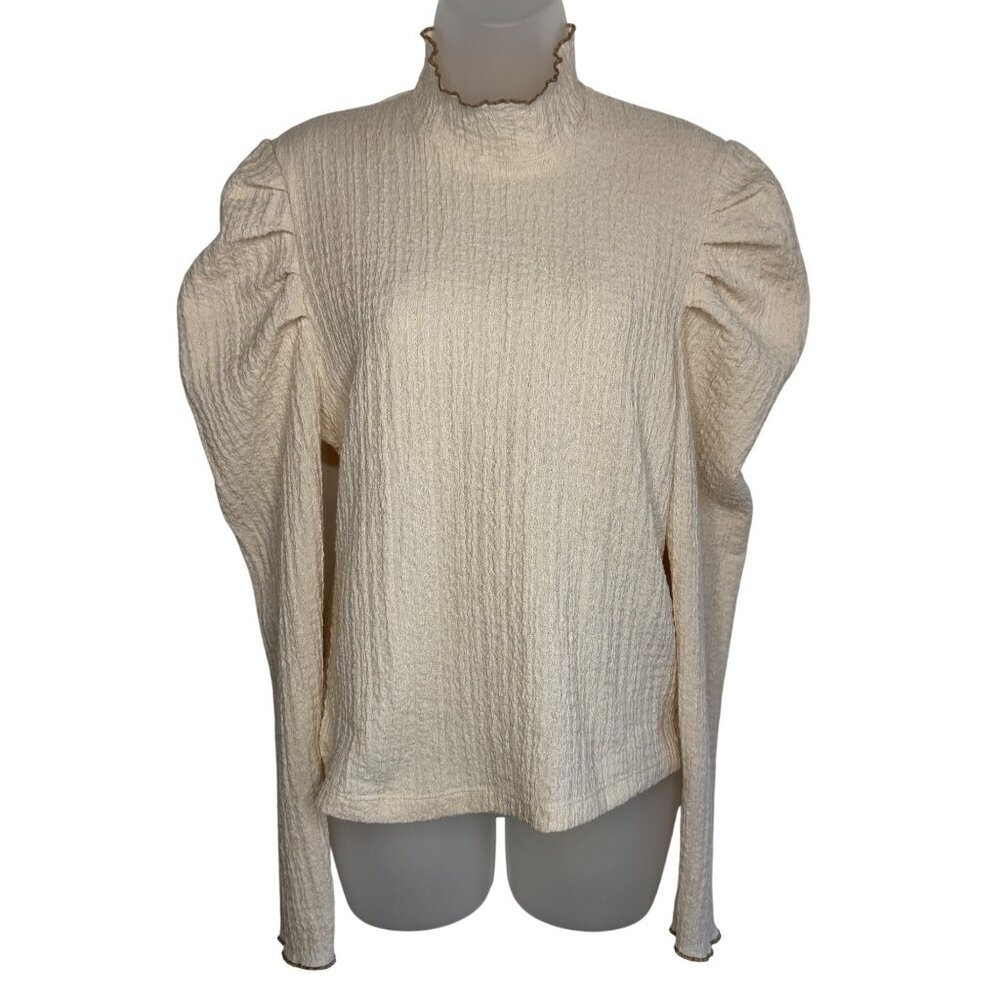Free People Cream Textured Puff Sleeve Mock Neck Blouse